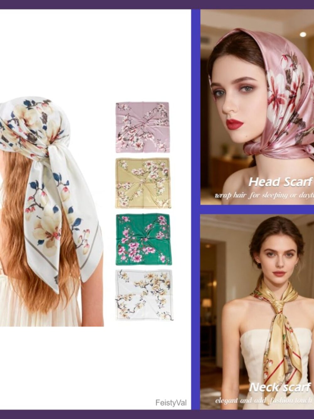 4 Pc Satin Silk Hair Scarf 35x35 Square Bandana Neck Wrap Set